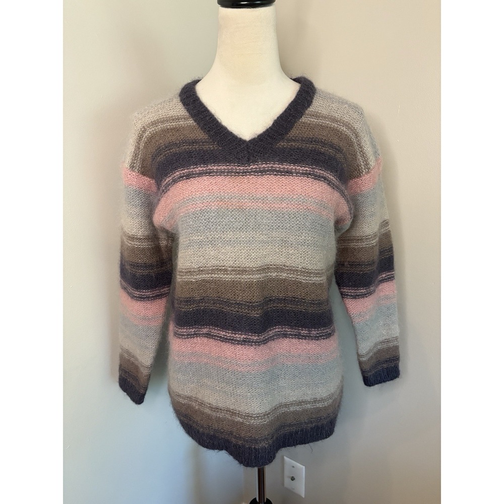 VTG 90s Premier Moda Striped Wool Blend Sweater V-Neck Pink Grey Brown Large
